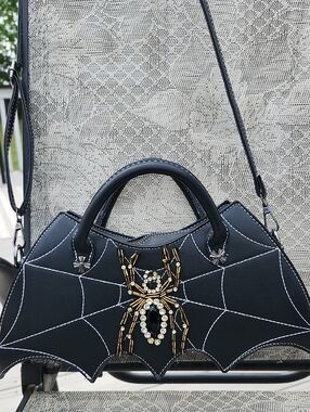 Black Bat Wing Spider Embellished Top-Handle Bag